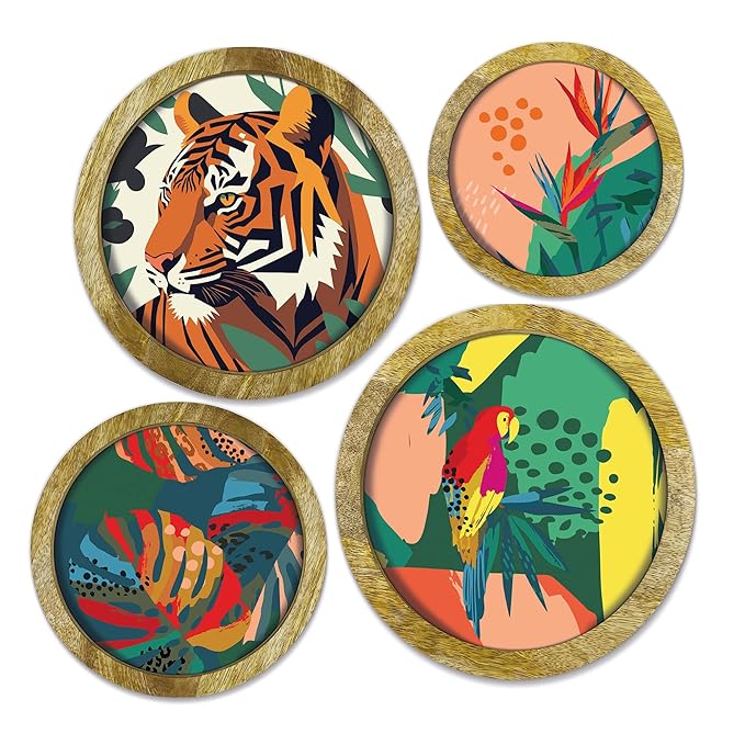 Handcrafted Mangowood Wall Decor Set of 4 - Nature Inspired Circular Frames